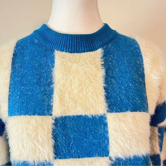 FRNCH Lio Cozy Fuzzy Sweater Blue White Abstract Colorblock Size Small - Picture 4 of 8